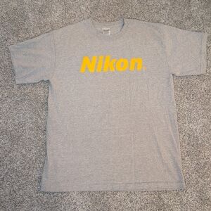 NIKON Camera Gray T Shirt Photography Yellow Logo Gildan Size Large